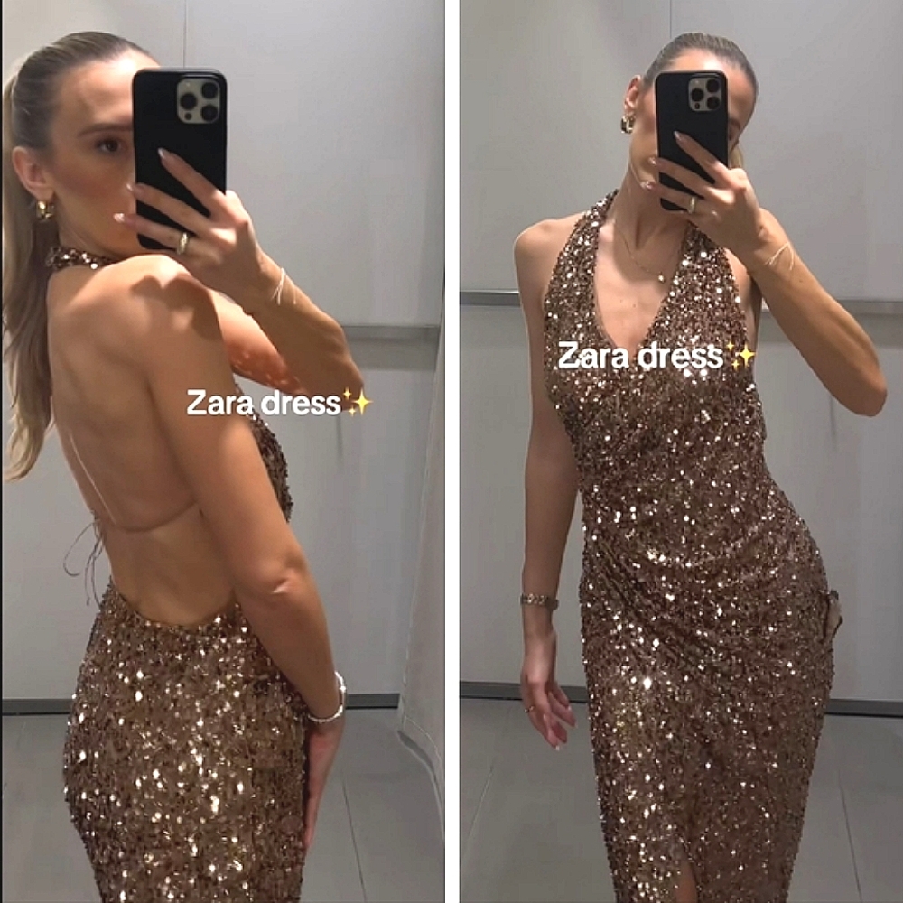 Zara Rose Gold Sequin Halter Midi Dress